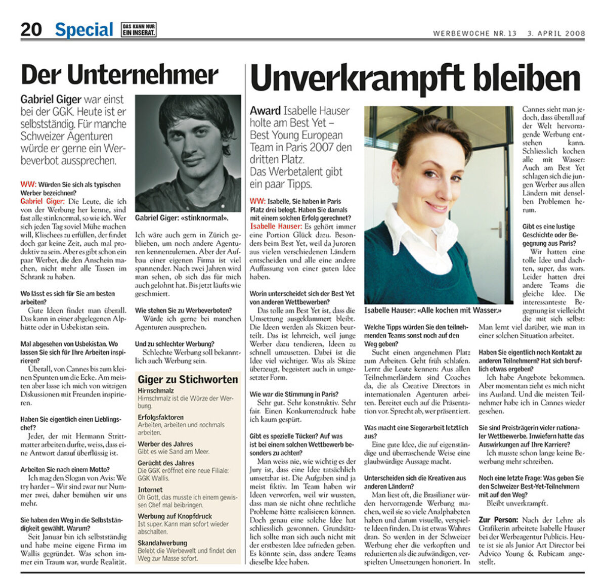 Gigergraphics Presse Werbewoche Gigergraphics - Grafik / Cartoons / Werbekampagnen / Webdesign / Karikaturen / Illustrationen / Logos / Corporate Design